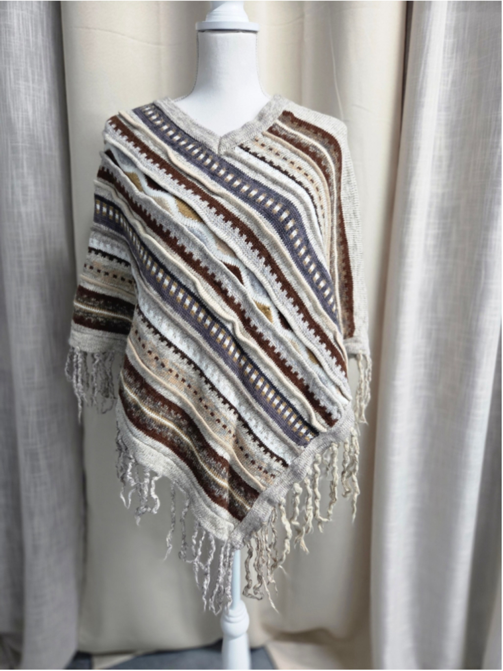Boho Fringe Knit Poncho Neutral Stripes Festival Boho Vintage Rustic Earthy